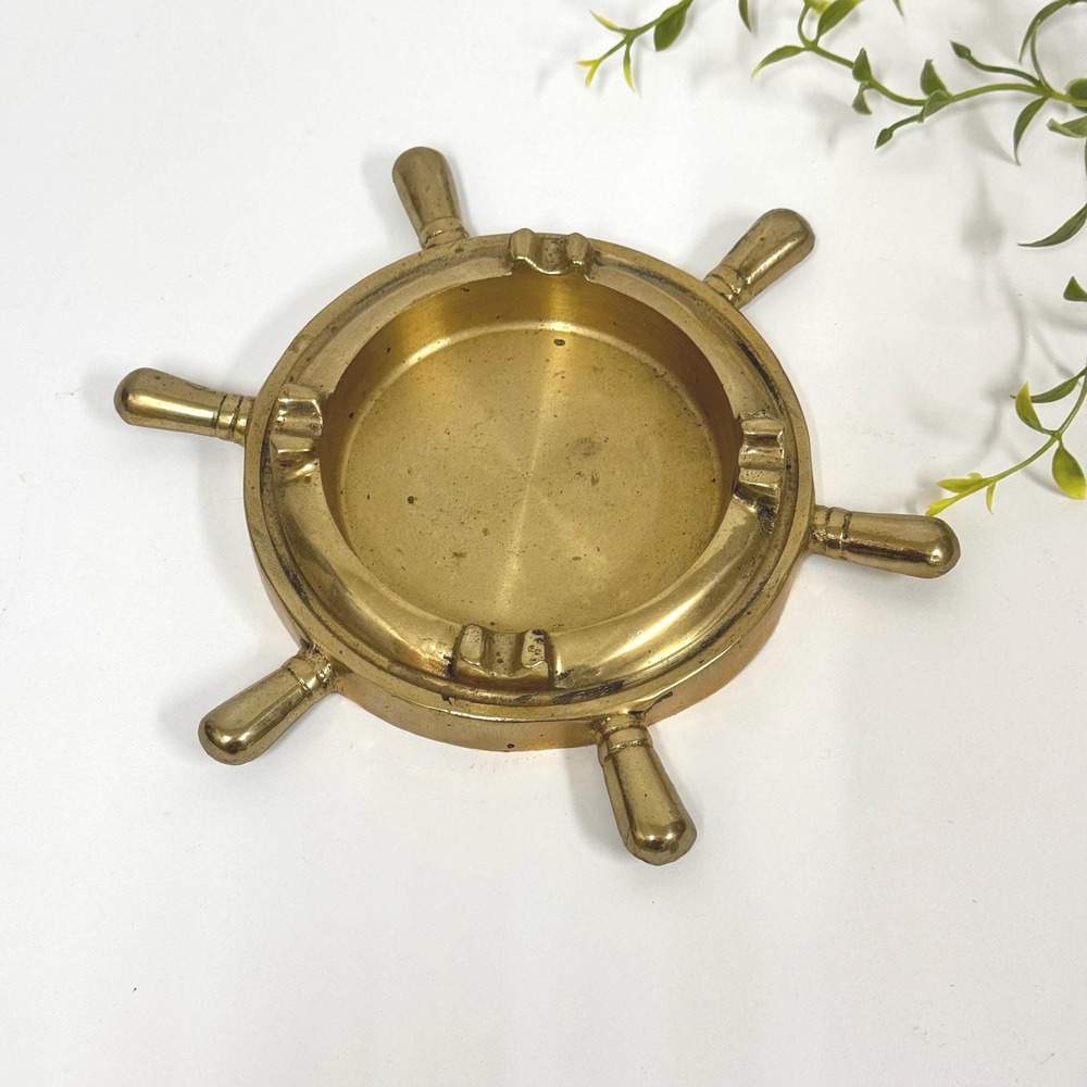 Vintage Brass Ship Wheel Ashtray: Nautical Trinket Dish